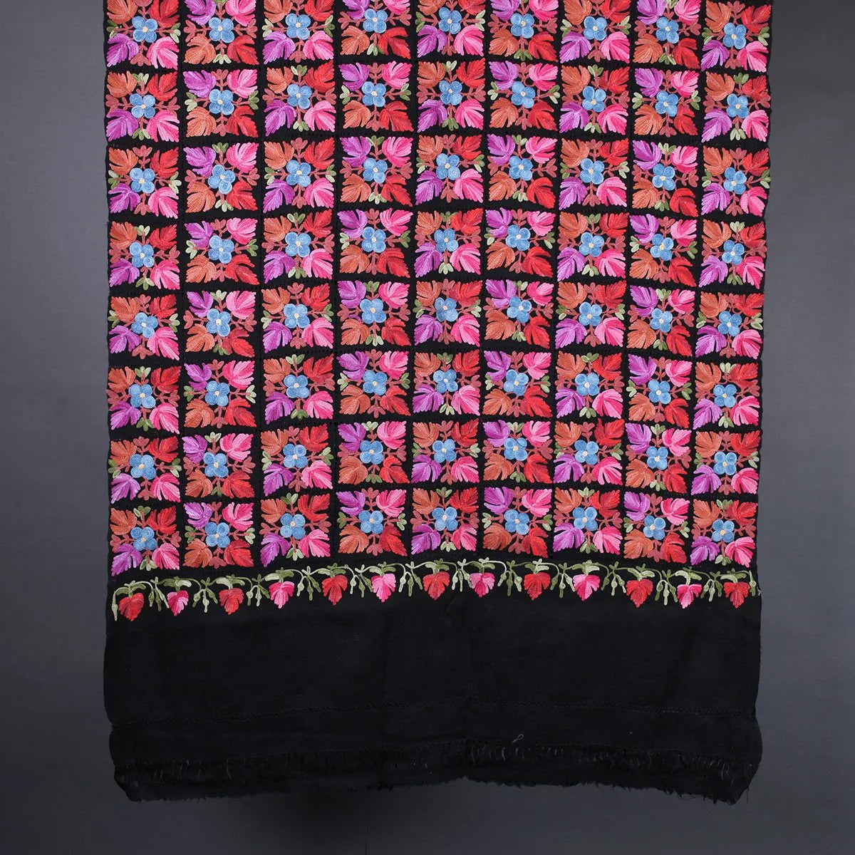 Black Base Floral  Design Embroidered Woolen Stole