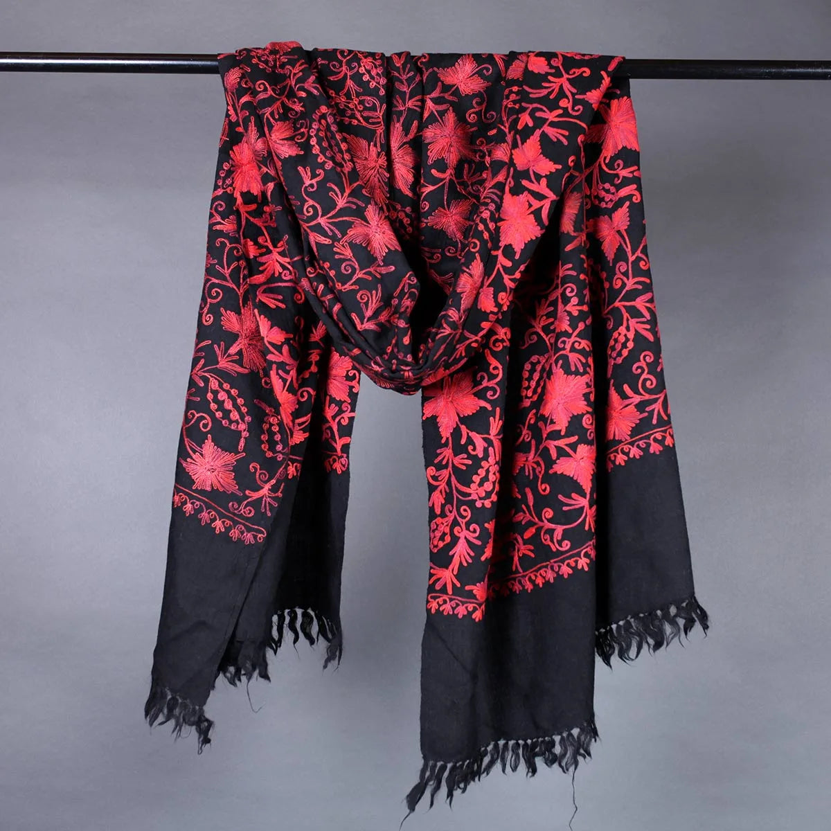 Black Base Chinar leaves<br>  Design Embroidered Woolen Stole