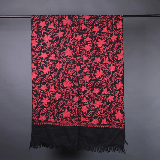 Black Base Chinar leaves<br>  Design Embroidered Woolen Stole