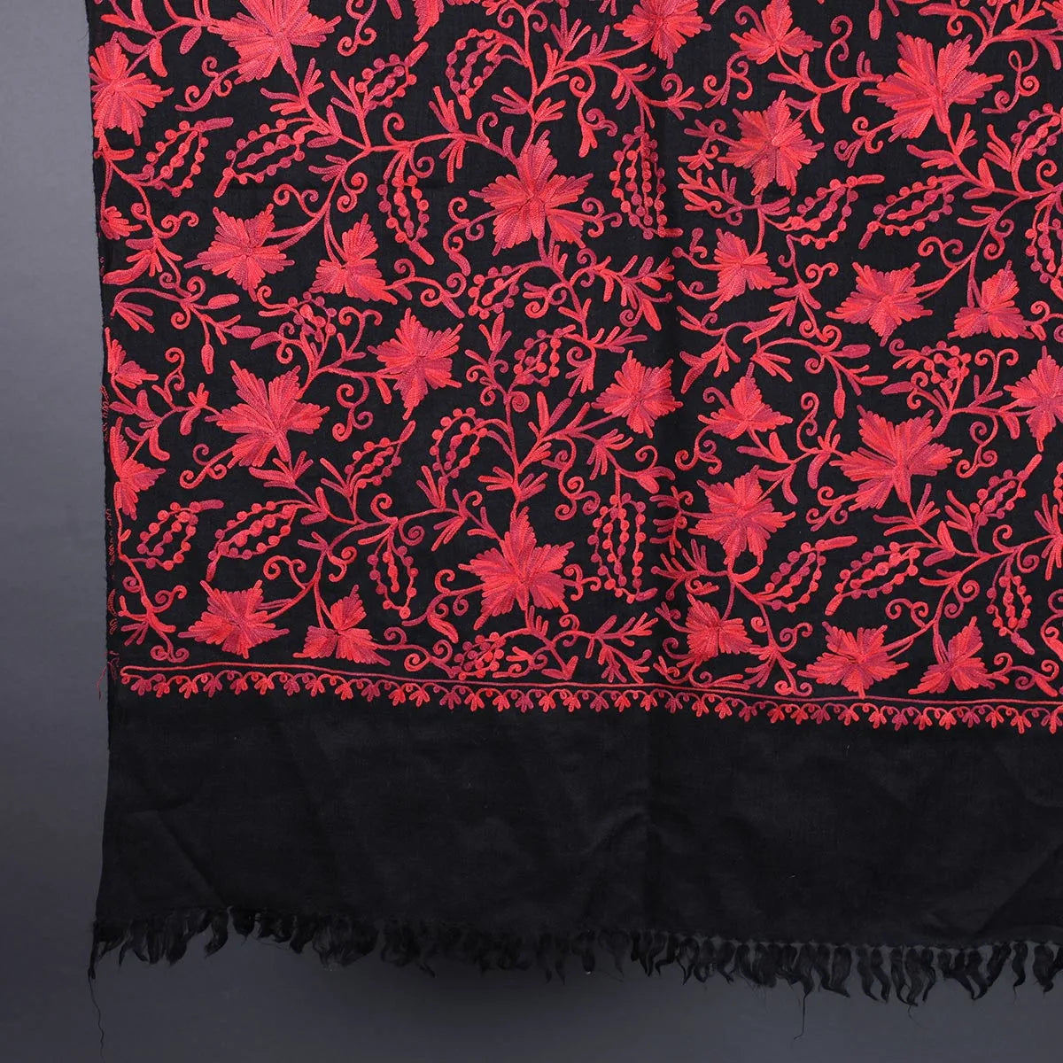 Black Base Chinar leaves<br>  Design Embroidered Woolen Stole