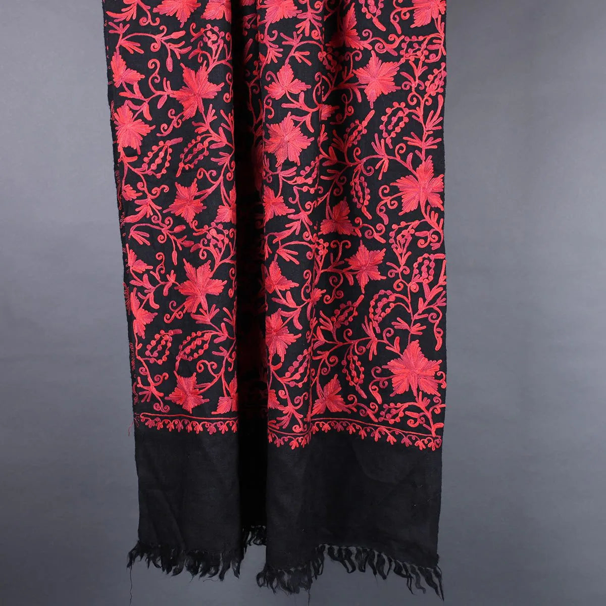 Black Base Chinar leaves<br>  Design Embroidered Woolen Stole