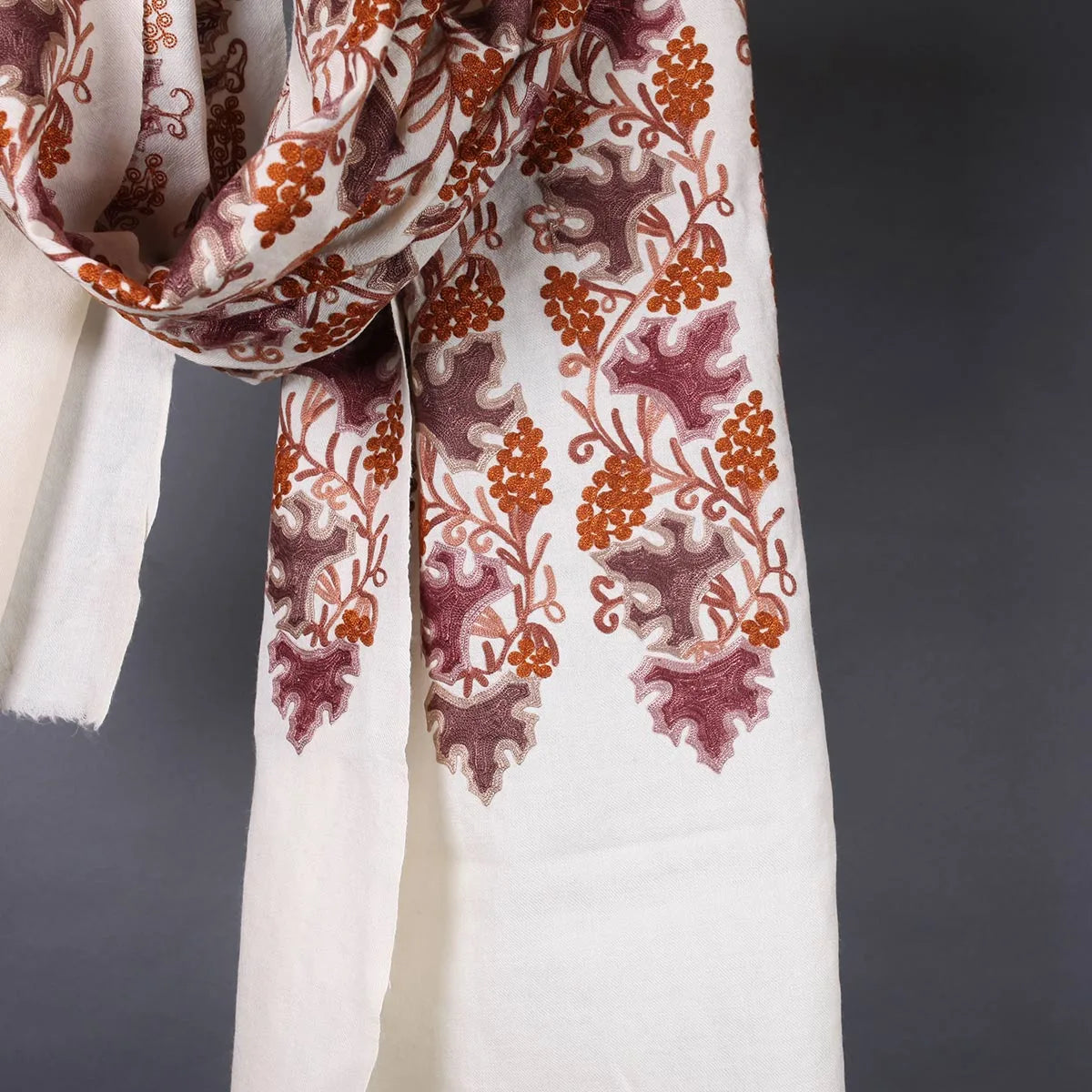 White Base Chinar Design<br>  Embroidered Woolen Stole