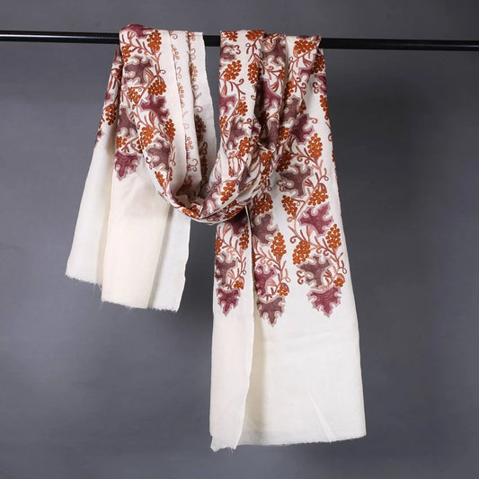 White Base Chinar Design<br>  Embroidered Woolen Stole