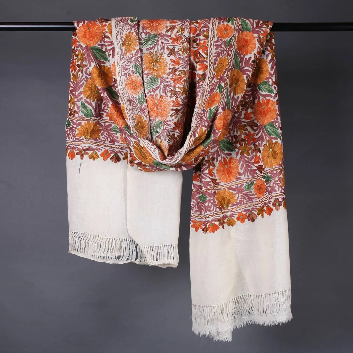 White Base Chinar Leave Design<br>  Embroidered Woolen Stole