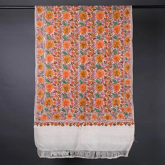 White Base Chinar Leave Design<br>  Embroidered Woolen Stole