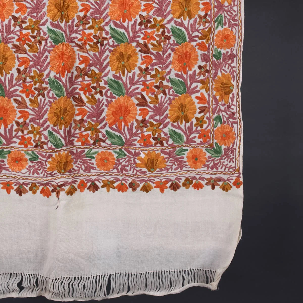 White Base Chinar Leave Design<br>  Embroidered Woolen Stole