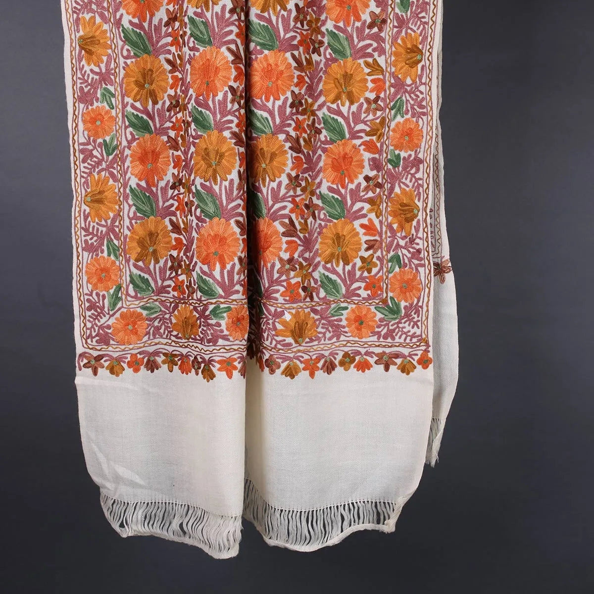 White Base Chinar Leave Design<br>  Embroidered Woolen Stole