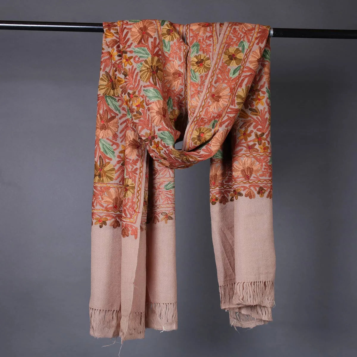 Natural  Base Chinar Design Embroidered Woolen<br>  Stole