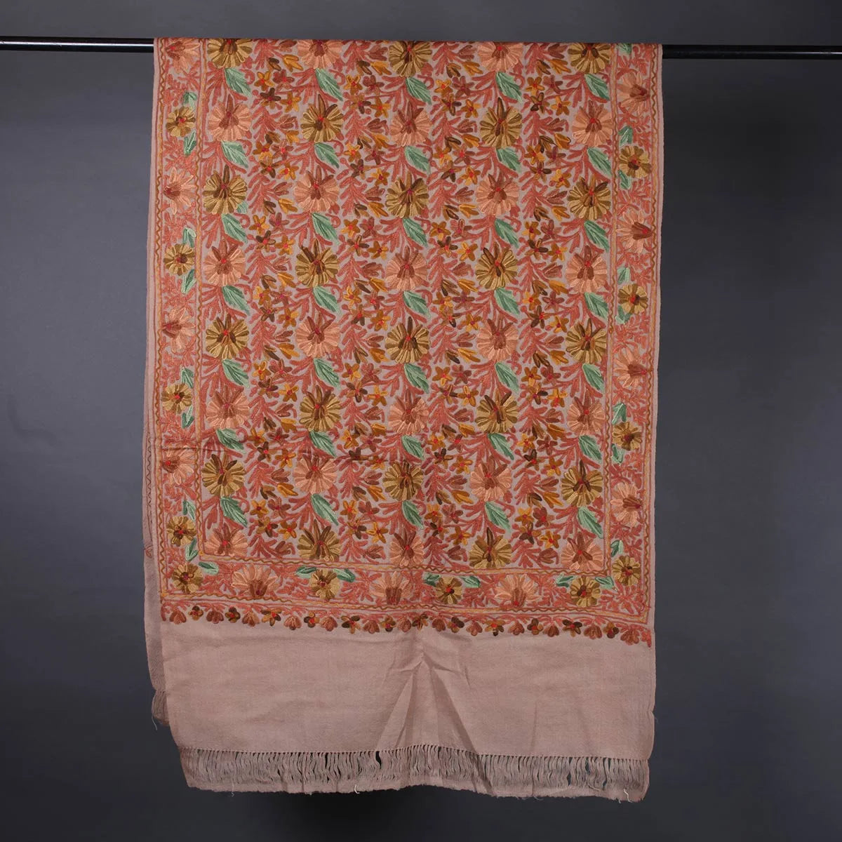 Natural  Base Chinar Design Embroidered Woolen<br>  Stole