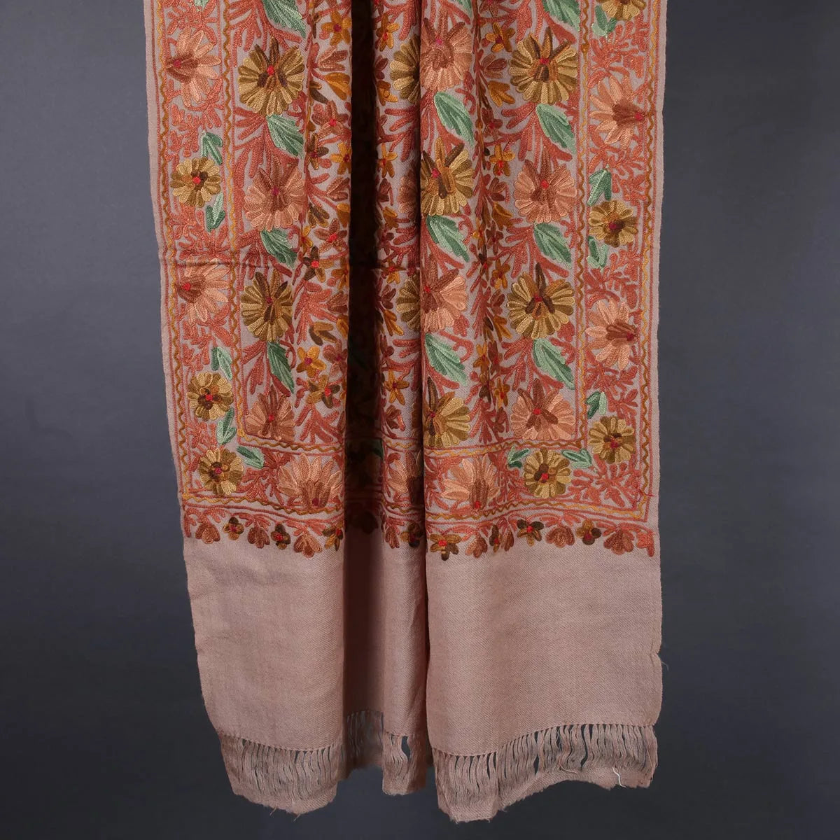 Natural  Base Chinar Design Embroidered Woolen<br>  Stole