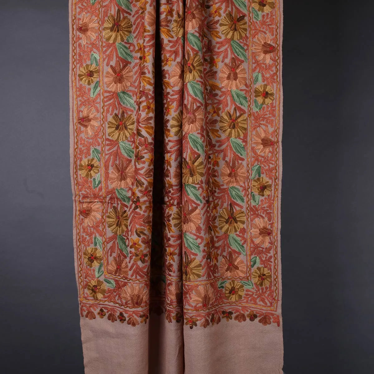 Natural  Base Chinar Design Embroidered Woolen<br>  Stole