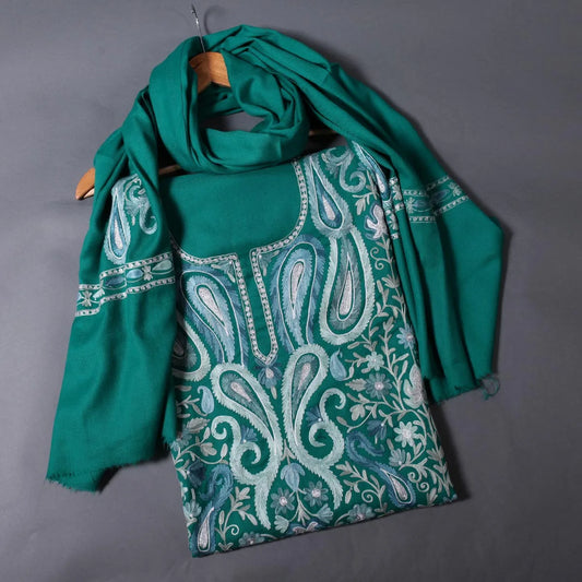 Green Base Aari and Zari<br>  Embroidered Woolen Jamawar Suit with Stole