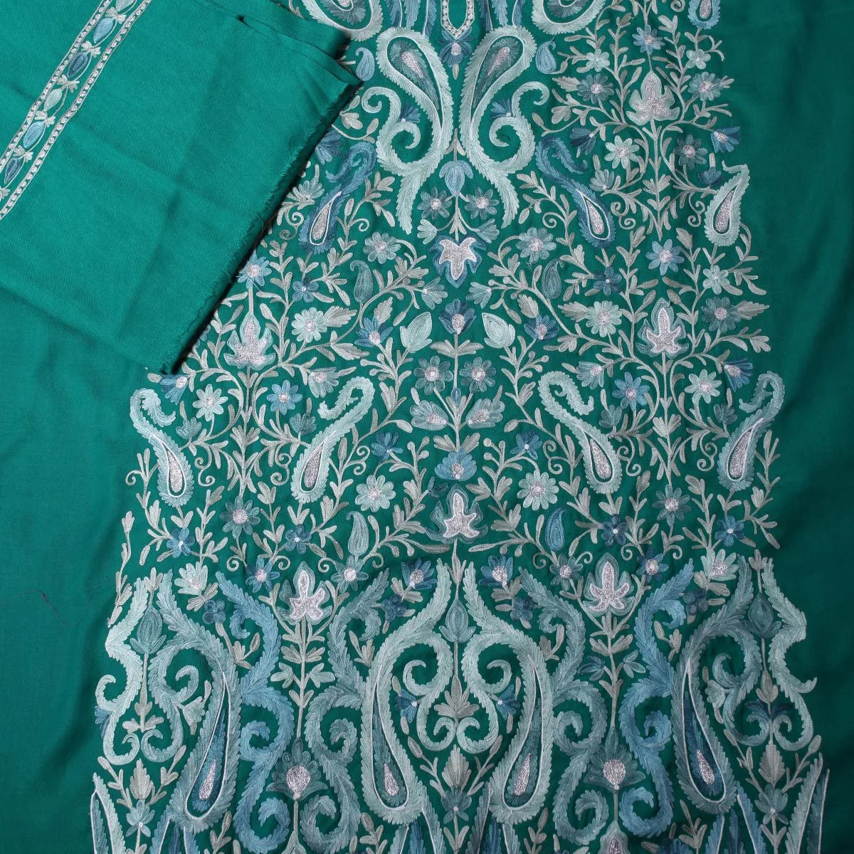 Green Base Aari and Zari<br>  Embroidered Woolen Jamawar Suit with Stole