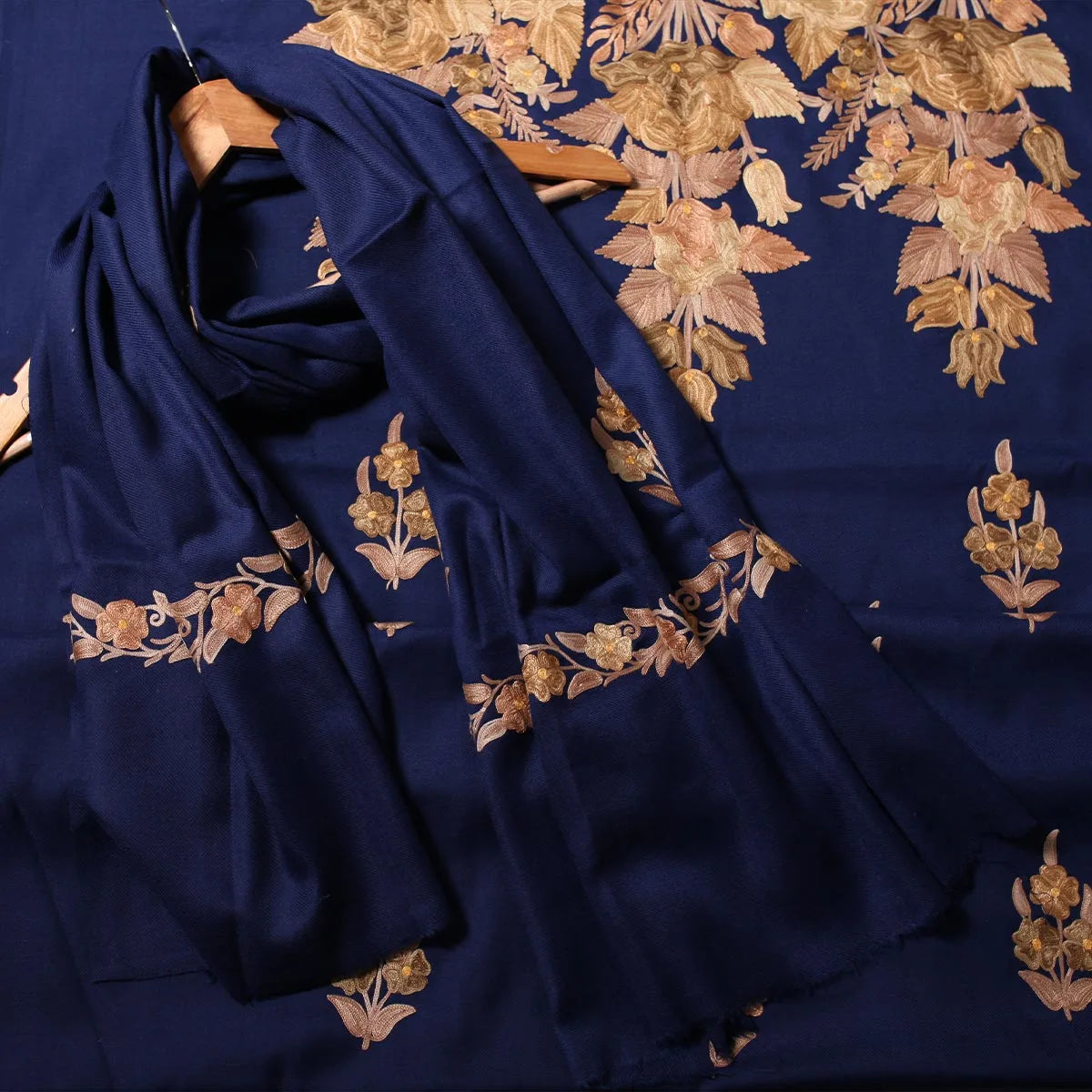 Blue Base Aari Embroidered<br>  Chinar Design Woolen Suit with Stole