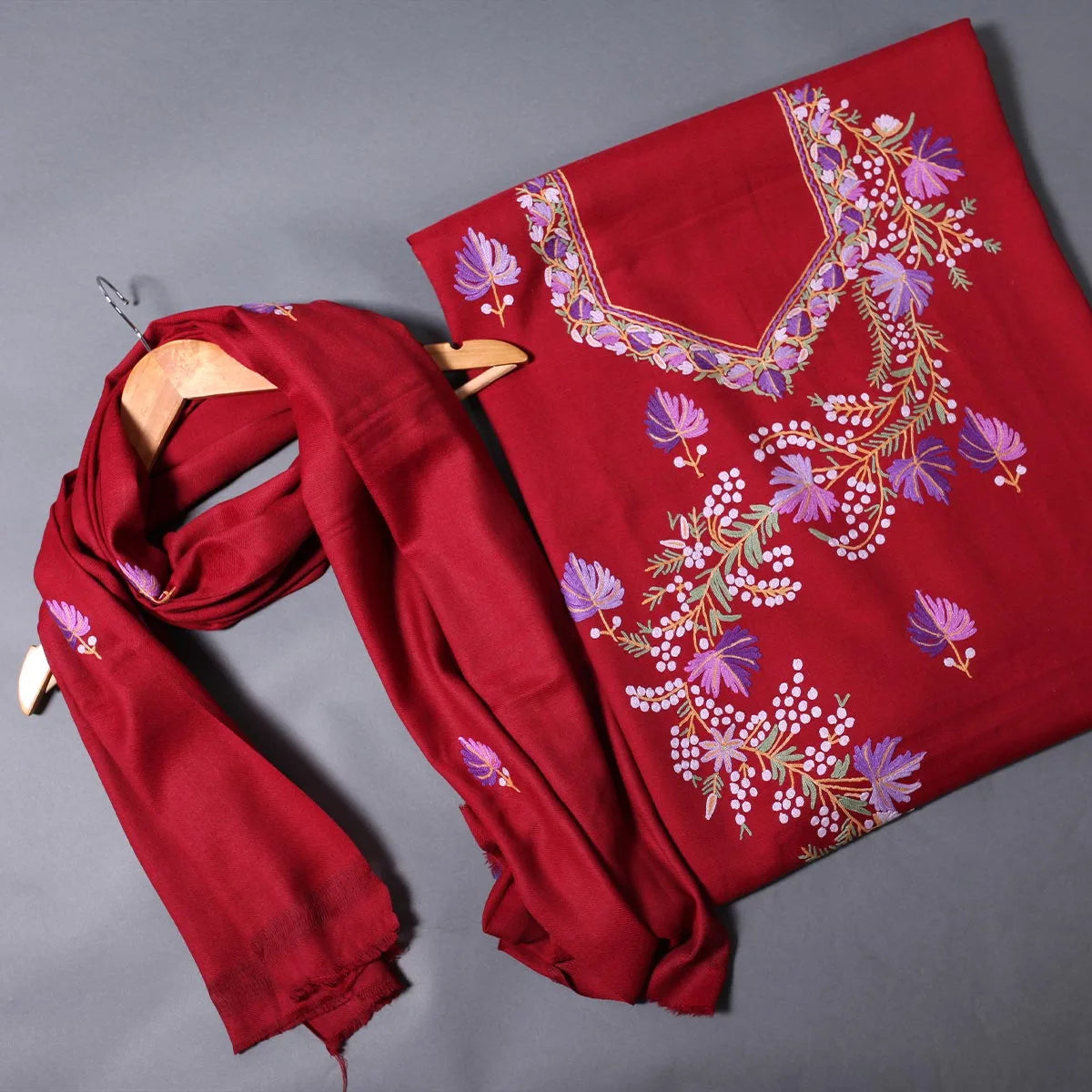 Maroon Base Chinar Design Aari<br>  Embroidered Woolen Suit with Stole