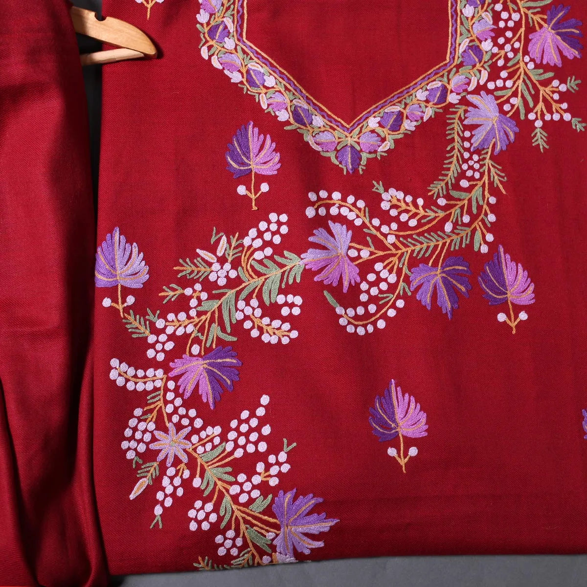 Maroon Base Chinar Design Aari<br>  Embroidered Woolen Suit with Stole