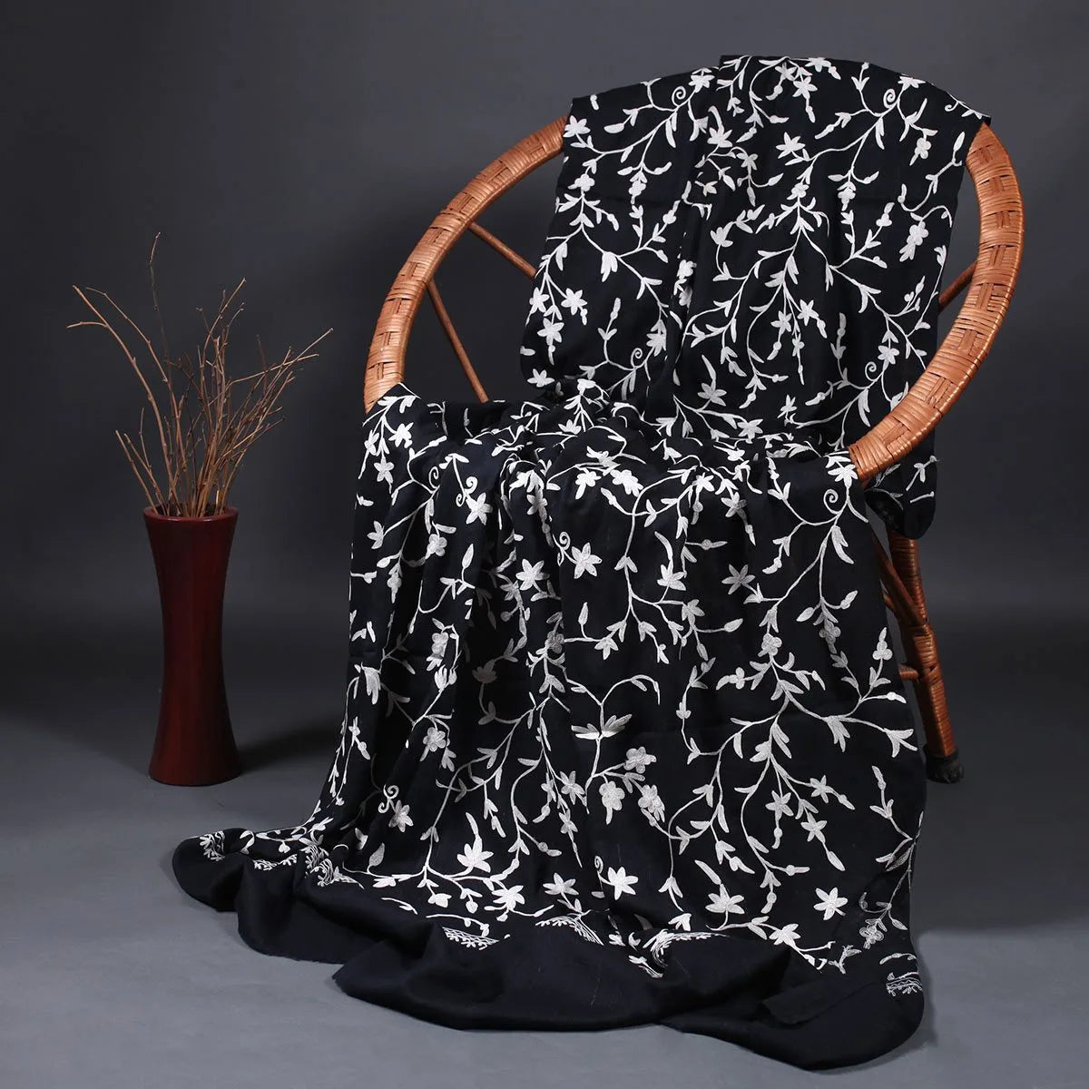 Black Base<br>  Folral Design  Aari Embroidery  Woolen Shawls