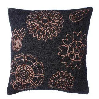 Black Hand Embroidered Chain Stitch Cushion Cover 16 x 16  1pc