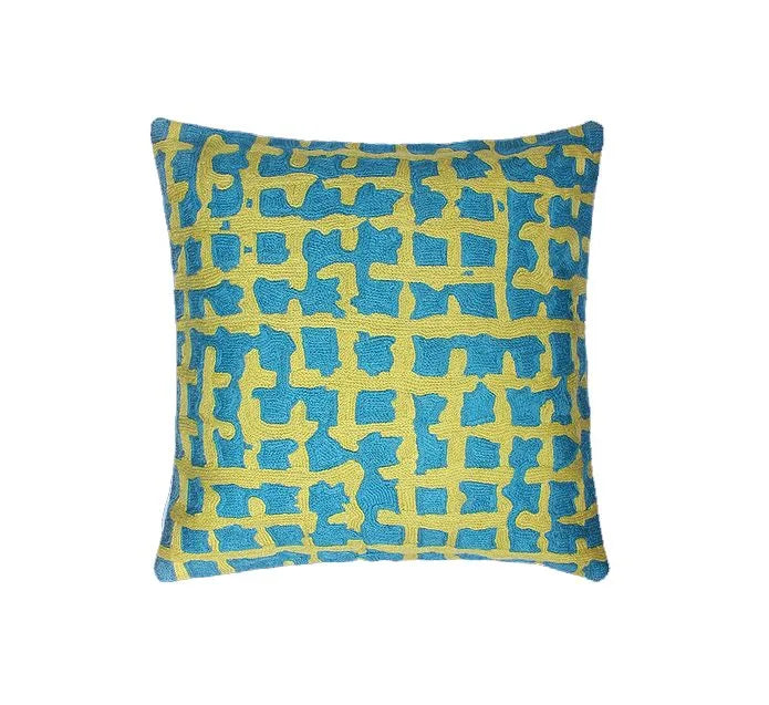 Green & Blue Abstract Design Hand Embroidered Chain Stitch Cushion Cover 16 x 16