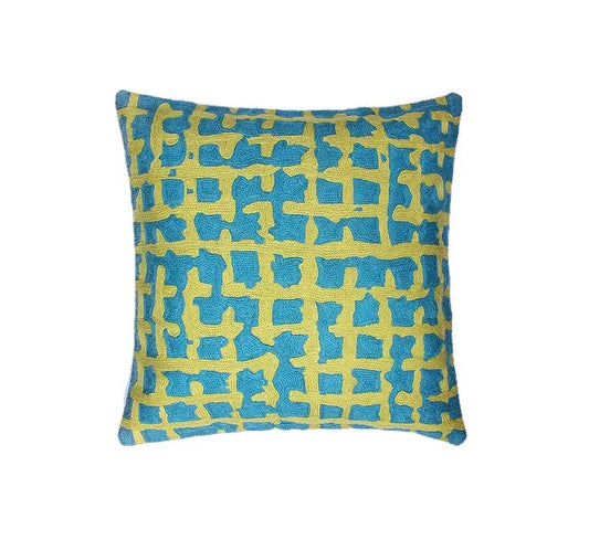 Green & Blue Abstract Design Hand Embroidered Chain Stitch Cushion Cover 16 x 16