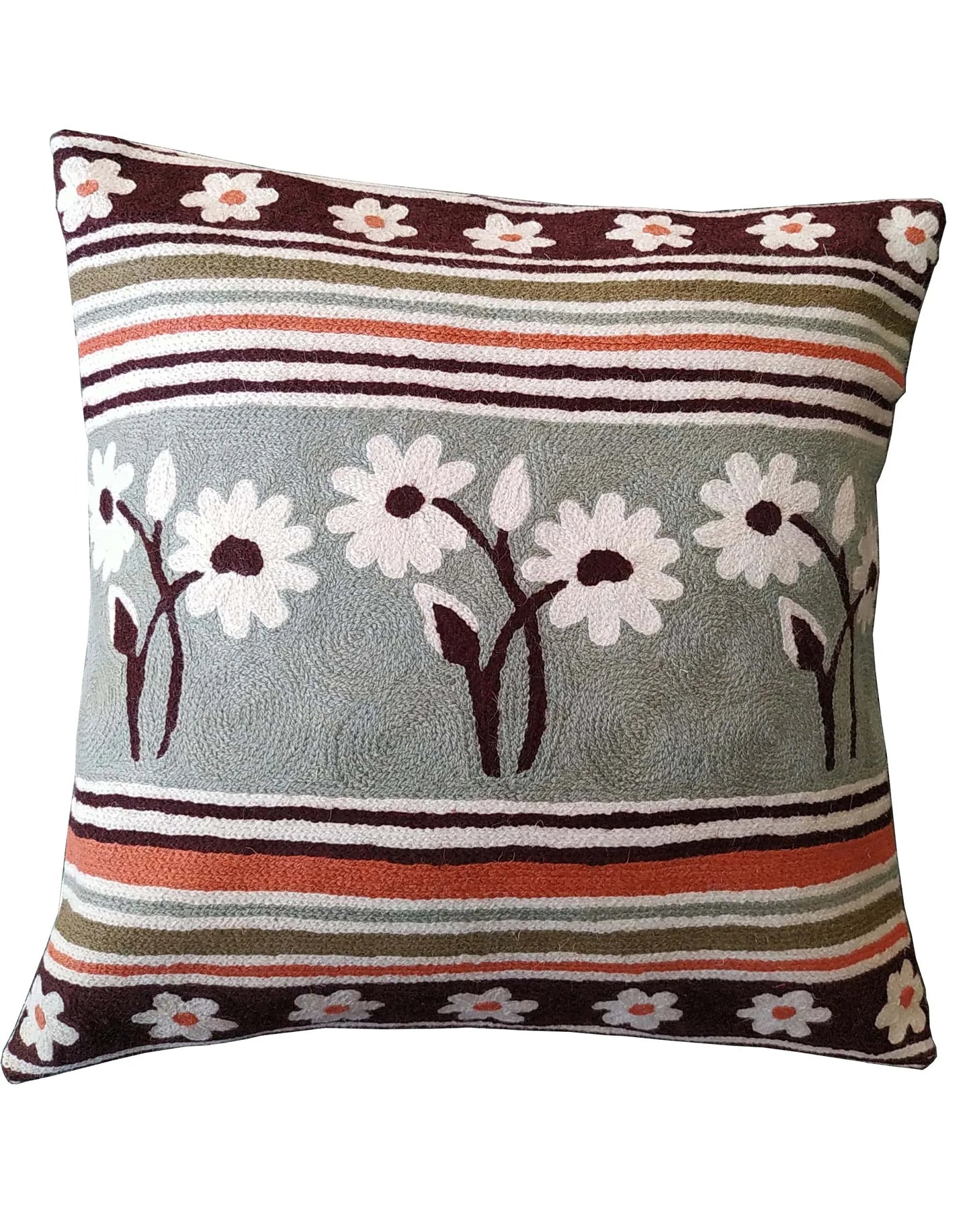 Grey Floral Hand Embroidered Chain Stitch Cushion Cover 16 x 16 1pc