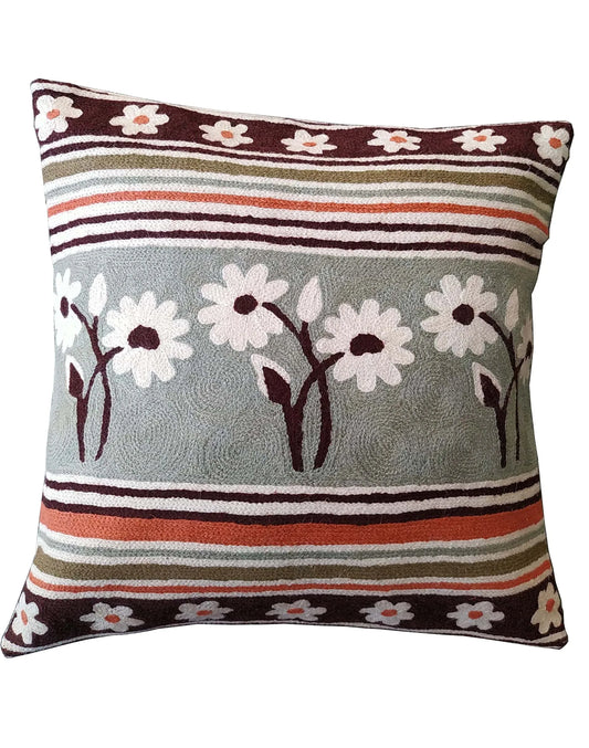 Grey Floral Hand Embroidered Chain Stitch Cushion Cover 16 x 16 1pc