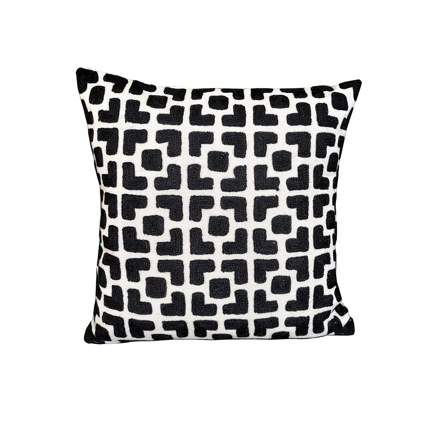 Black Square Hand Embroidered Chain Stitch Cushion Cover 16 x 16 1pc