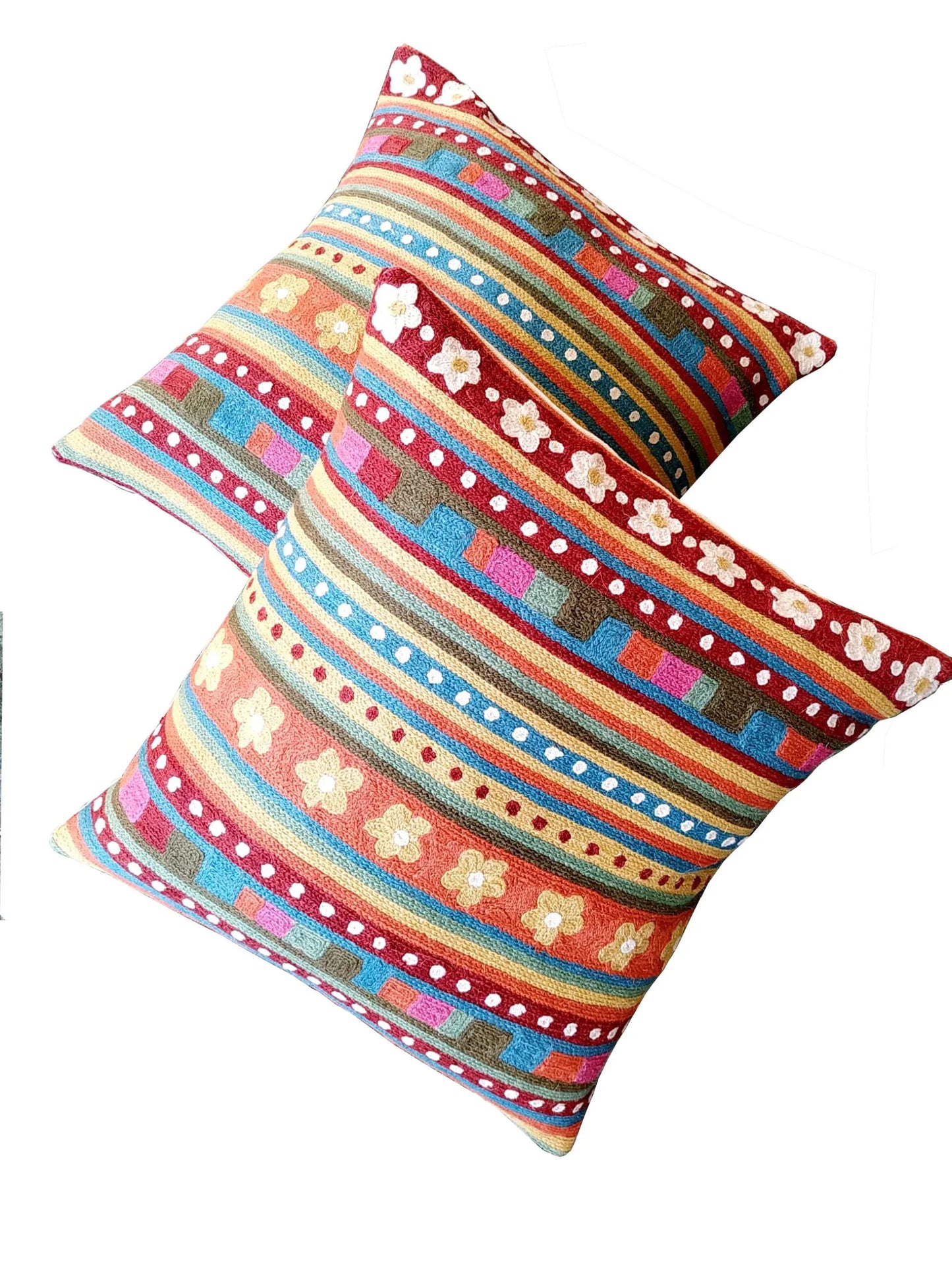 Multi Colour Hand Embroidered Chain Stitch Cushion Cover 16 x 16 1pc