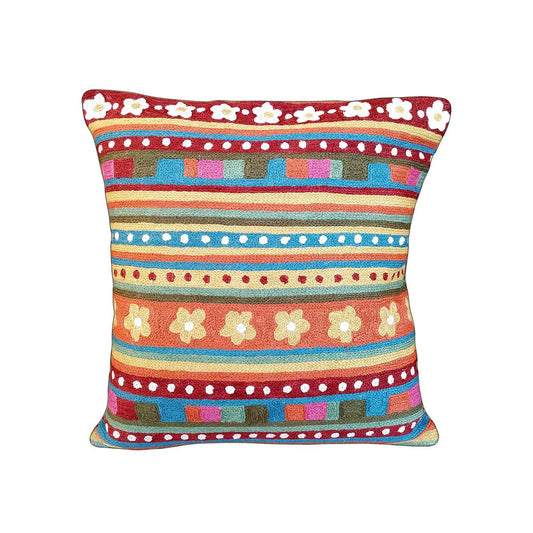 Multi Colour Hand Embroidered Chain Stitch Cushion Cover 16 x 16 1pc