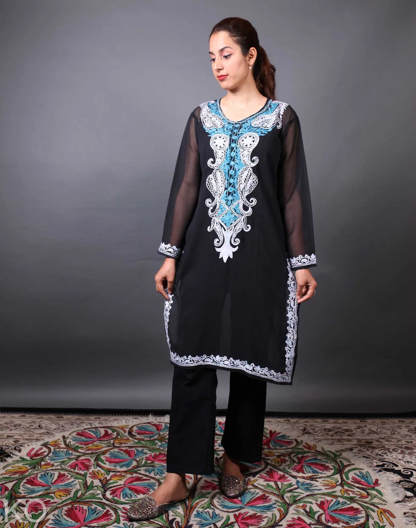 Black  Pasley Design Aari Embroidery Georgette Kurti