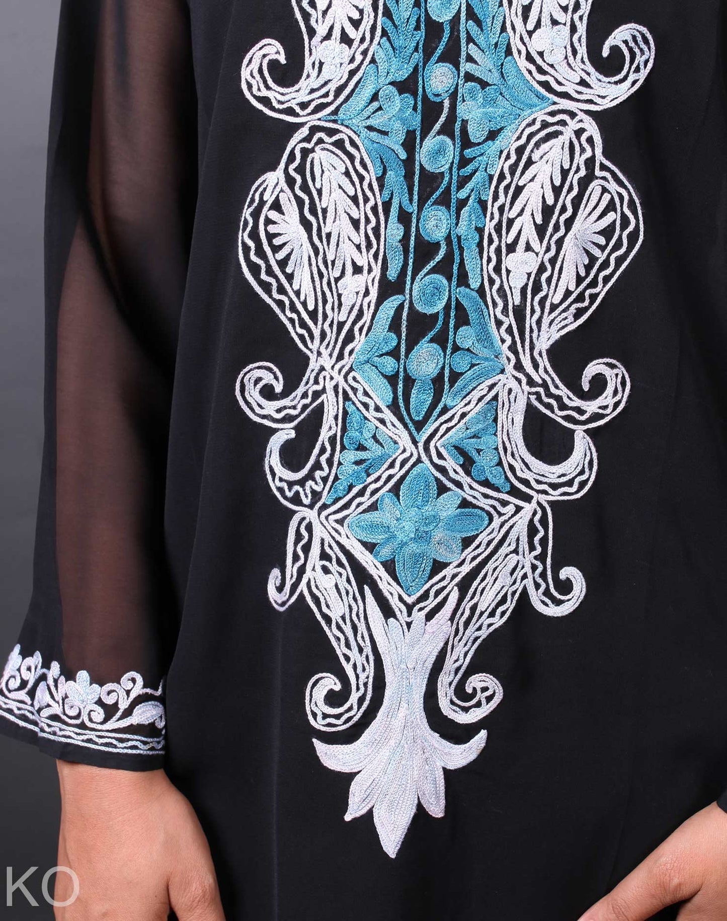 Black  Pasley Design Aari Embroidery Georgette Kurti