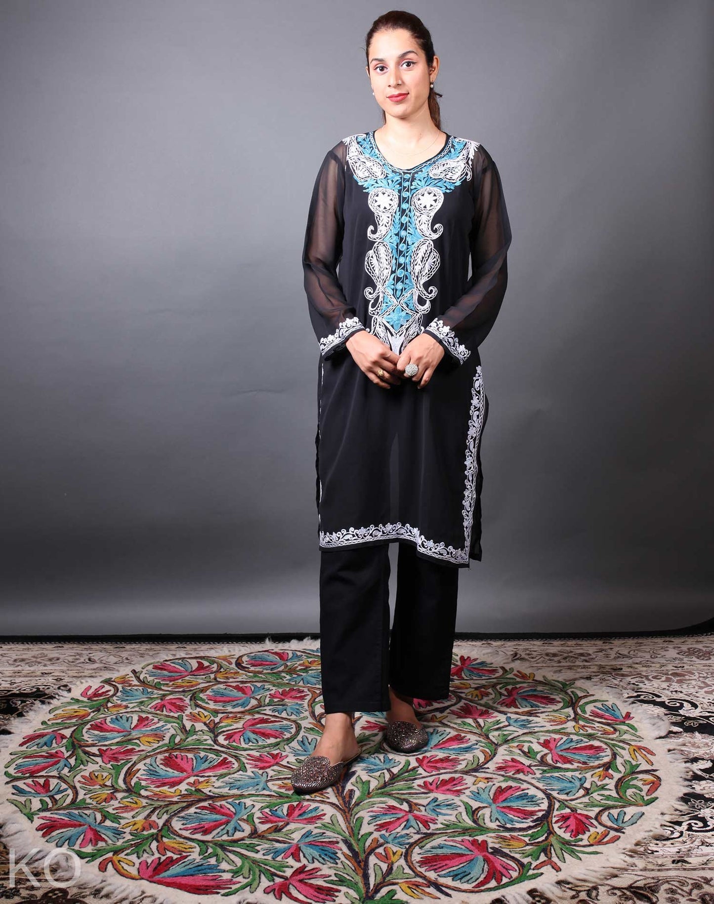 Black  Pasley Design Aari Embroidery Georgette Kurti