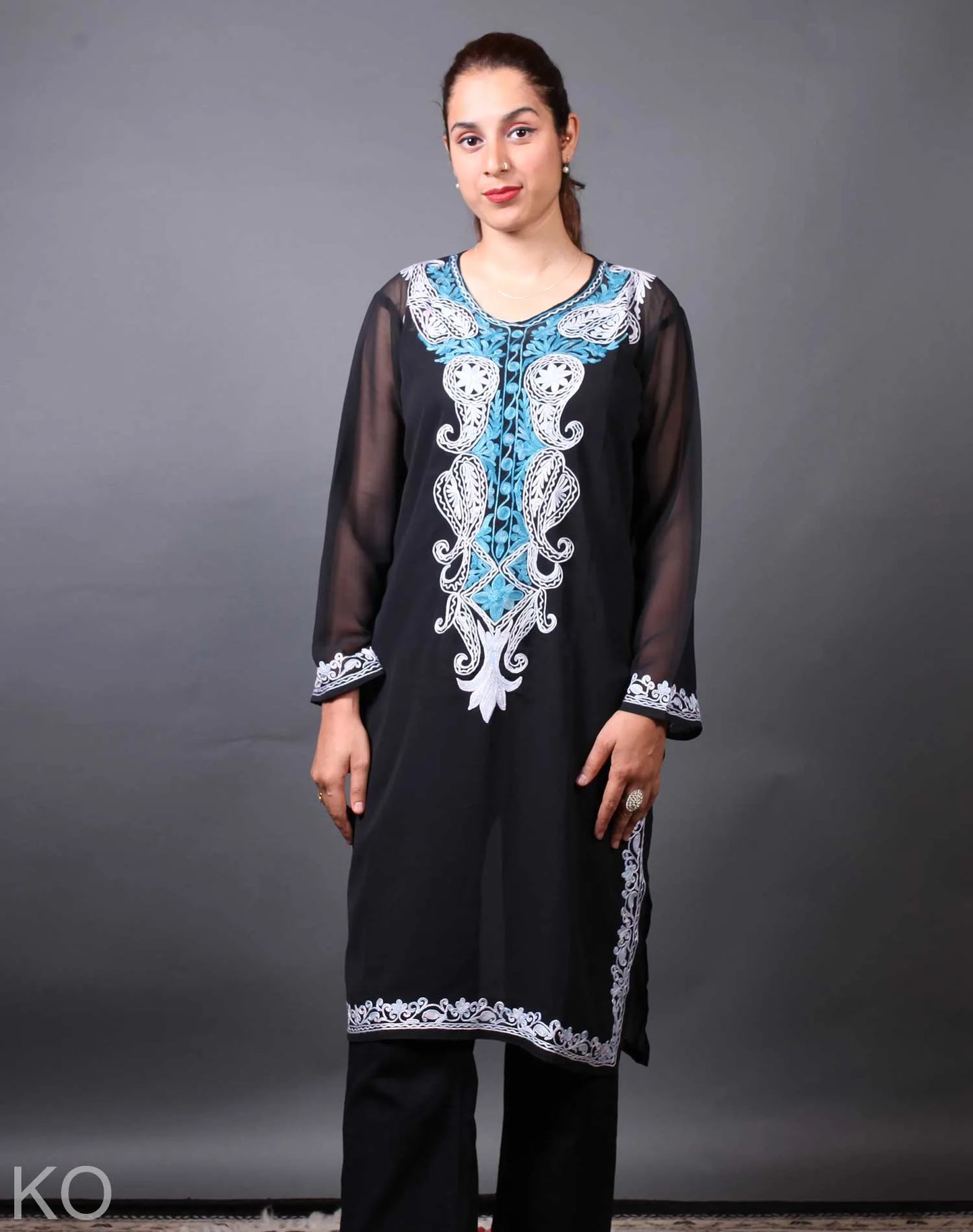 Black  Pasley Design Aari Embroidery Georgette Kurti