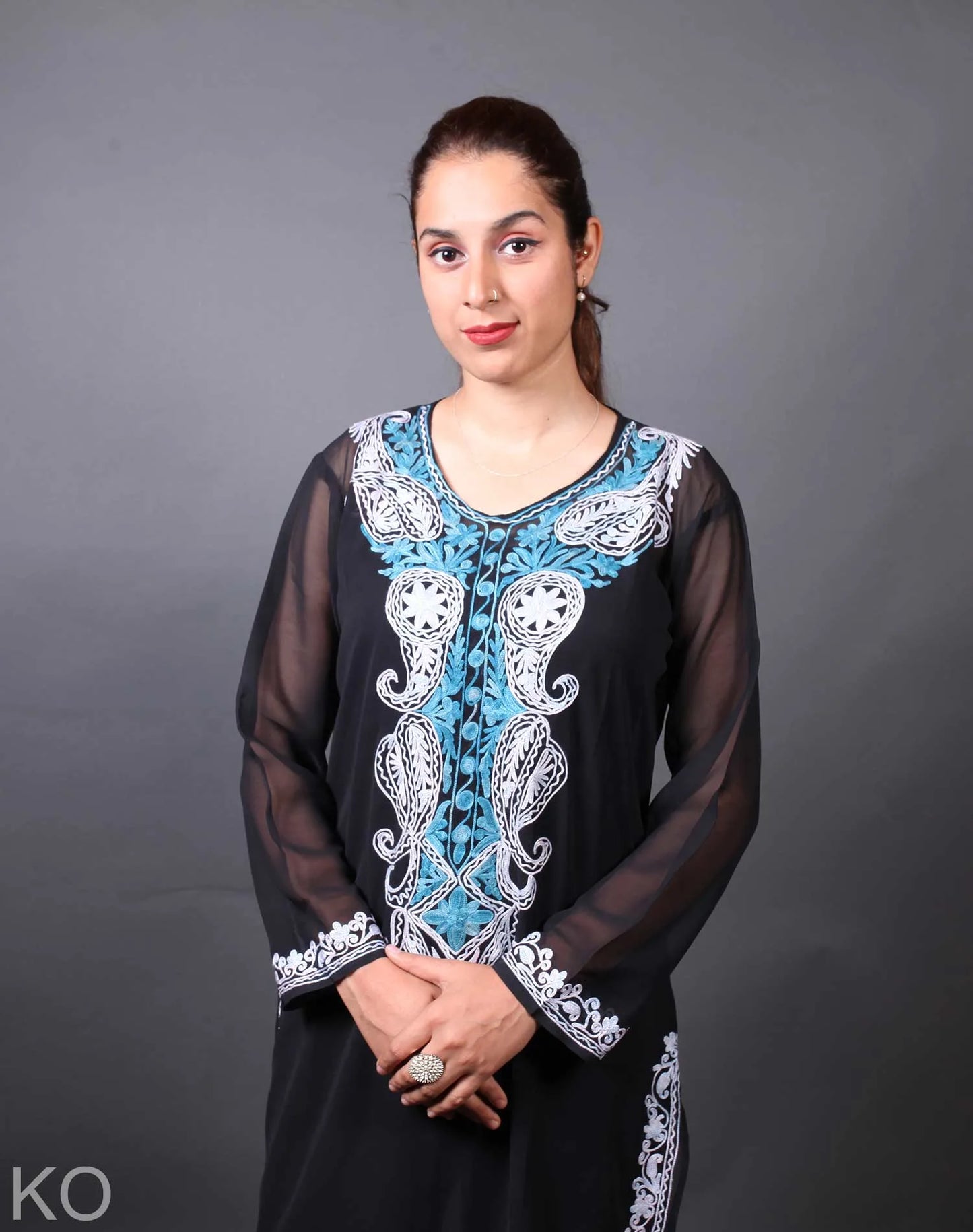 Black  Pasley Design Aari Embroidery Georgette Kurti