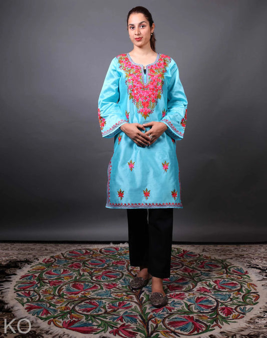 Turquoise  Base Bootidaar Ari Embroidered Silk Kurti