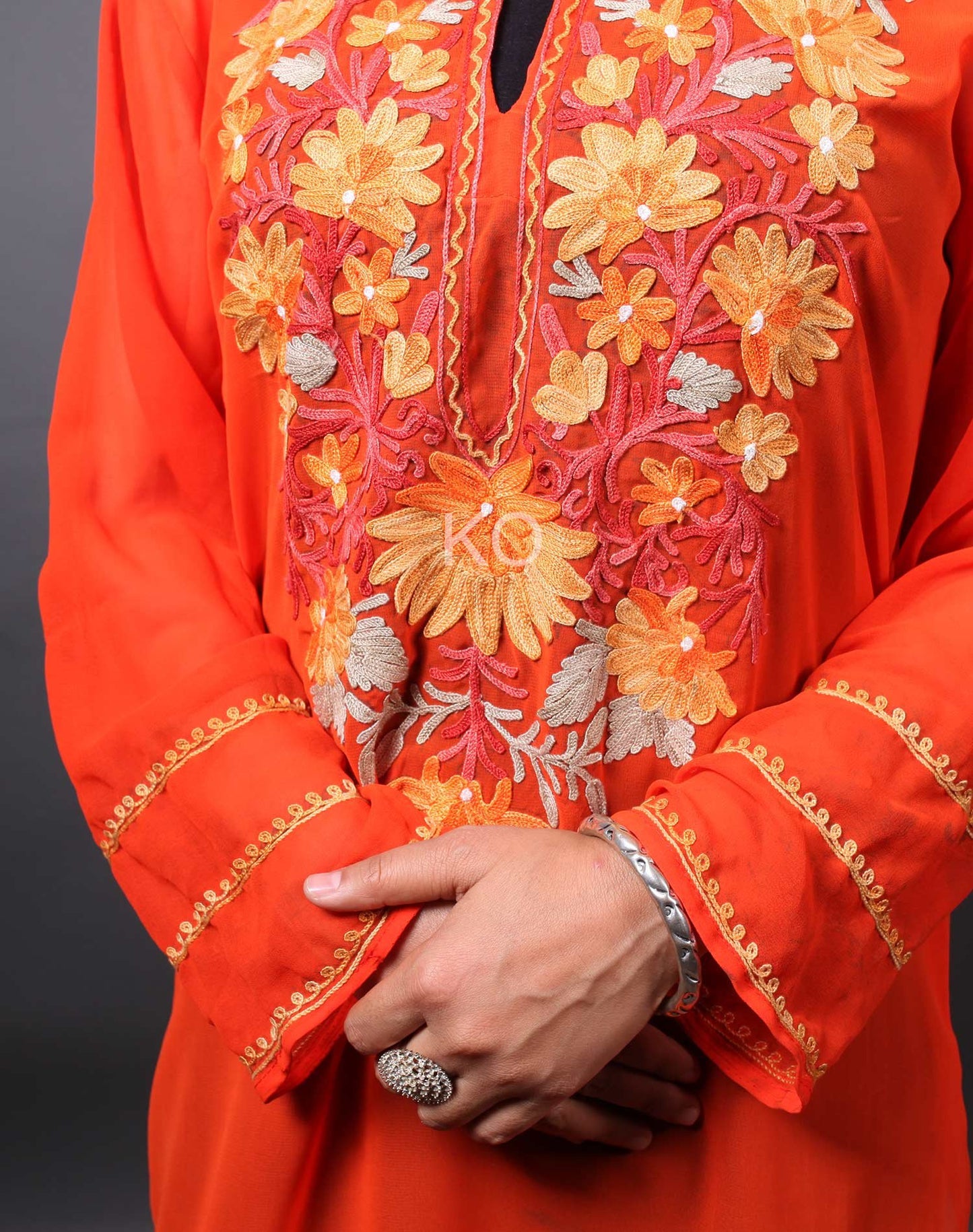 Orange  Shade Floral Design Aari Embroidery Georgette Kurti