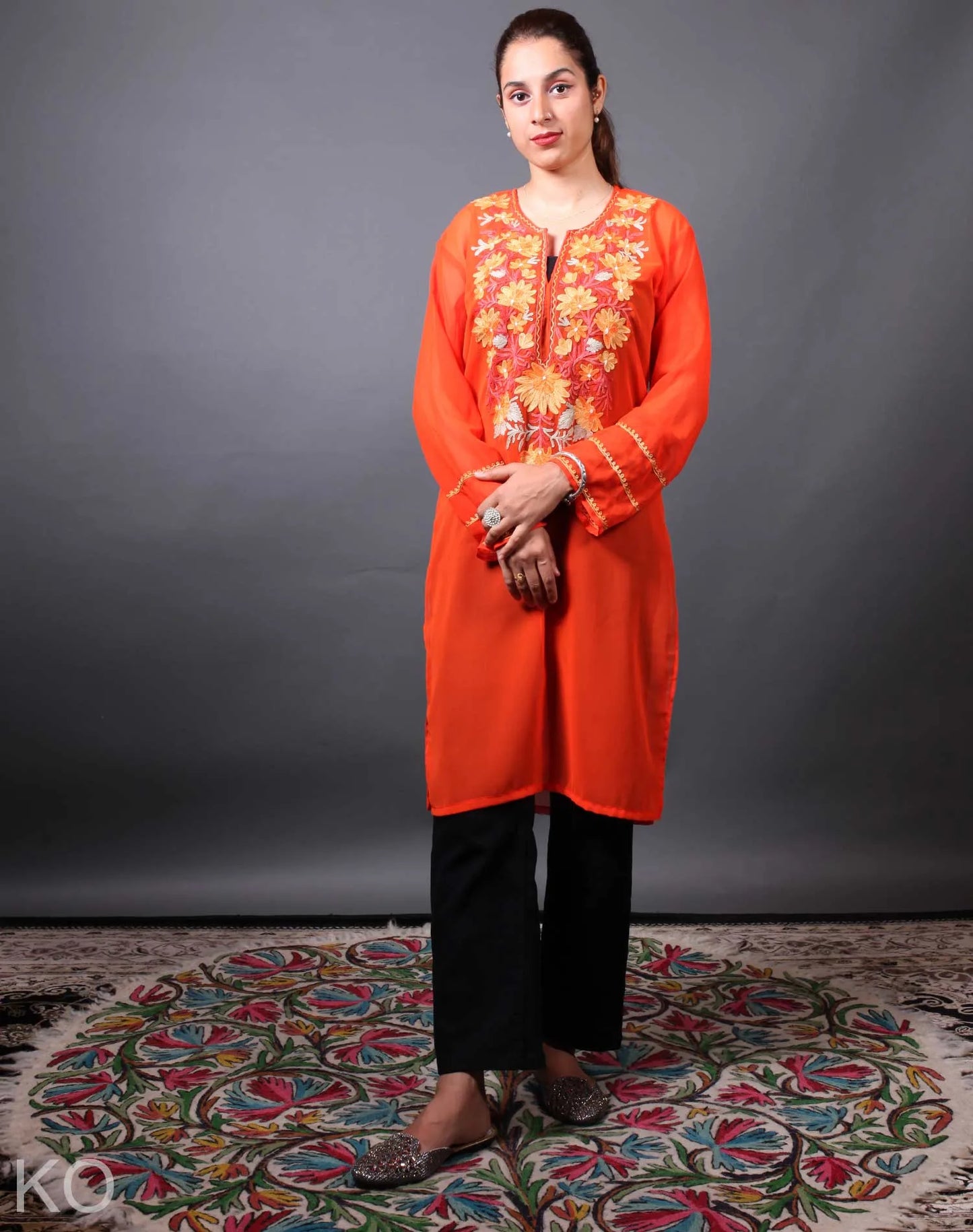 Orange  Shade Floral Design Aari Embroidery Georgette Kurti