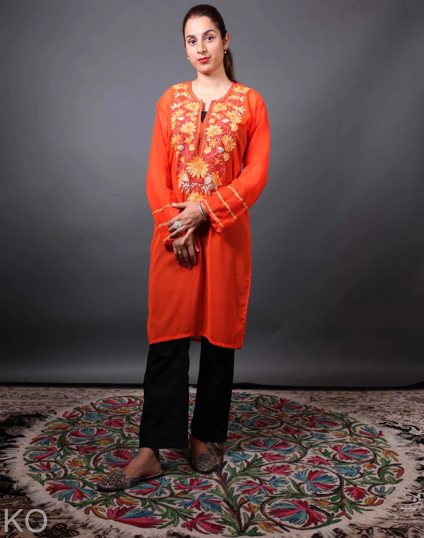 Orange  Shade Floral Design Aari Embroidery Georgette Kurti