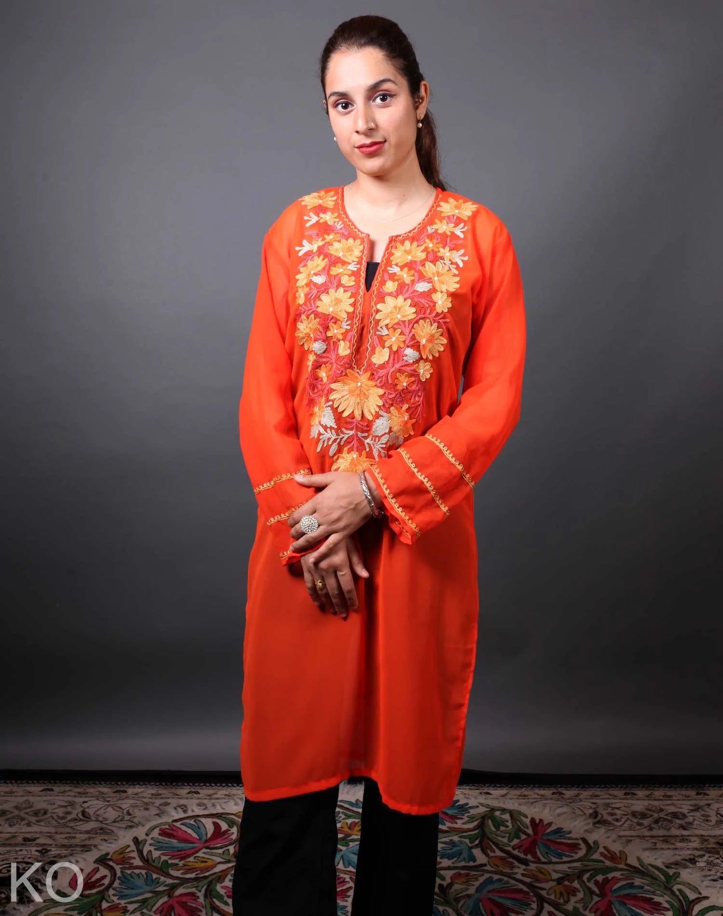 Orange  Shade Floral Design Aari Embroidery Georgette Kurti