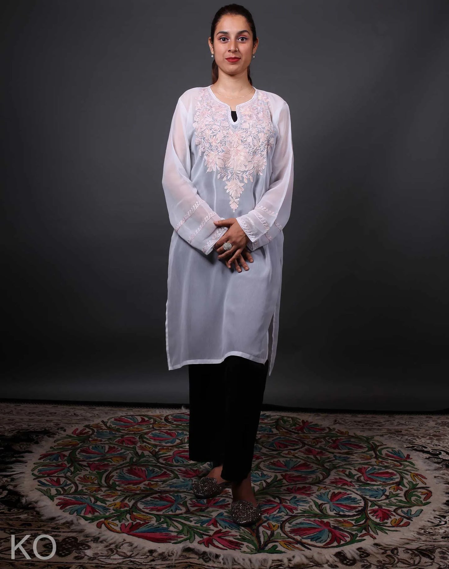 White  Floral Design Aari Embroidered Georgette Kurti