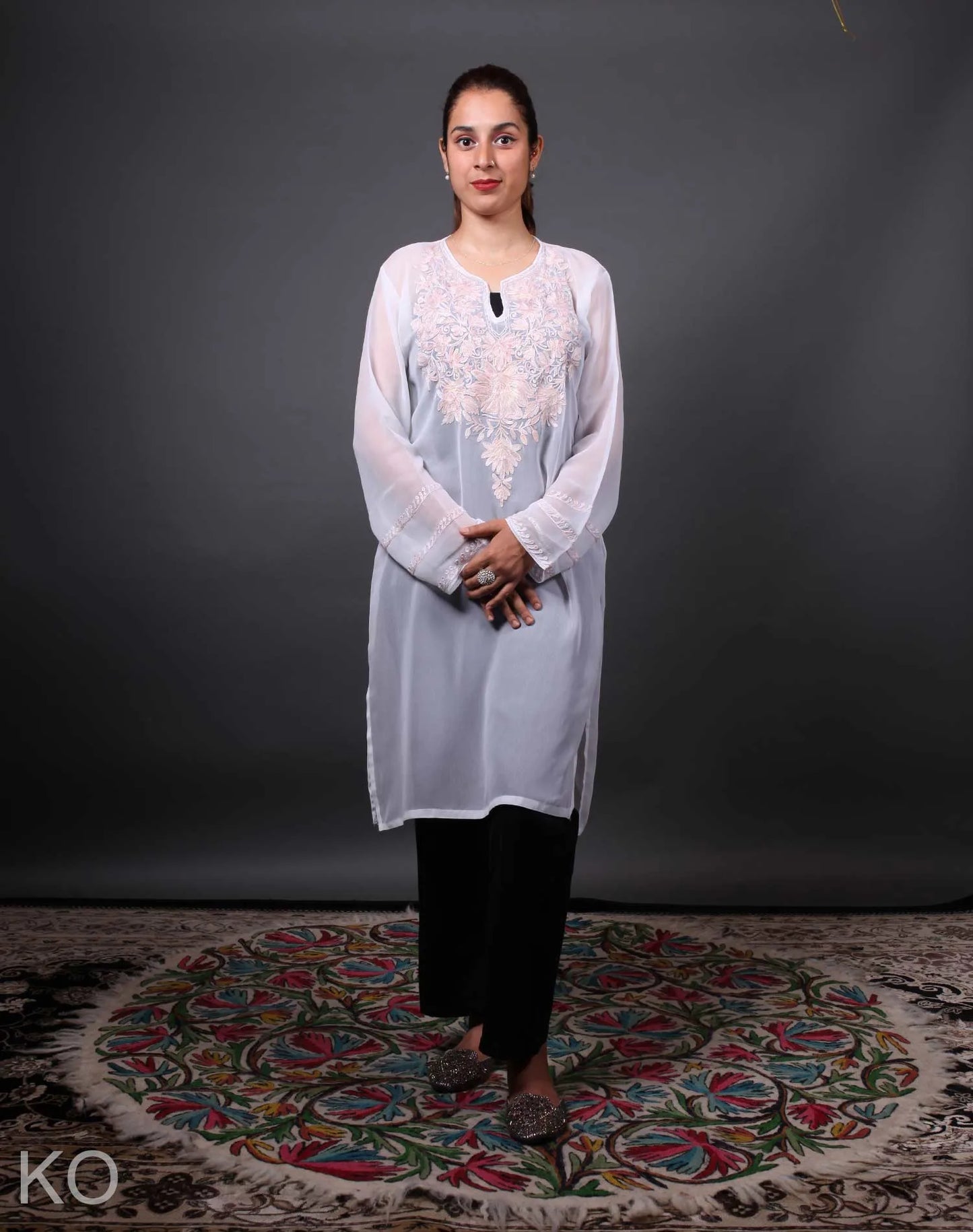 White  Floral Design Aari Embroidered Georgette Kurti