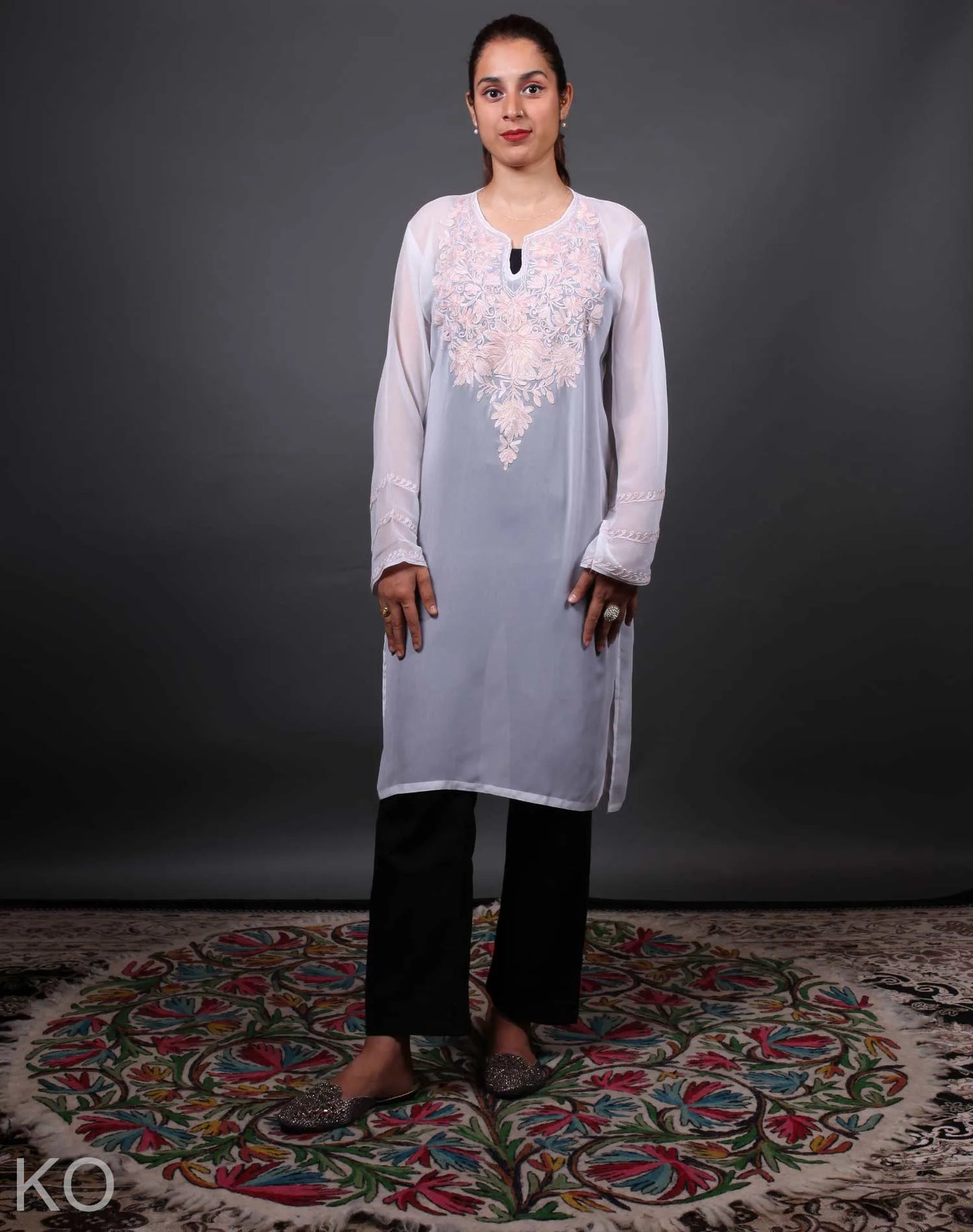 White  Floral Design Aari Embroidered Georgette Kurti