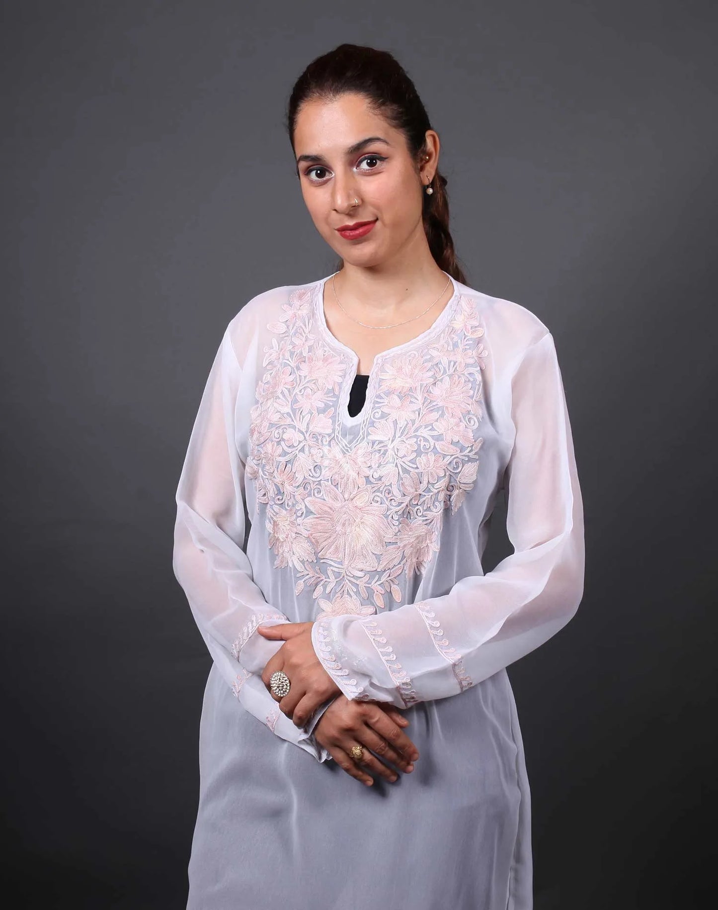 White  Floral Design Aari Embroidered Georgette Kurti