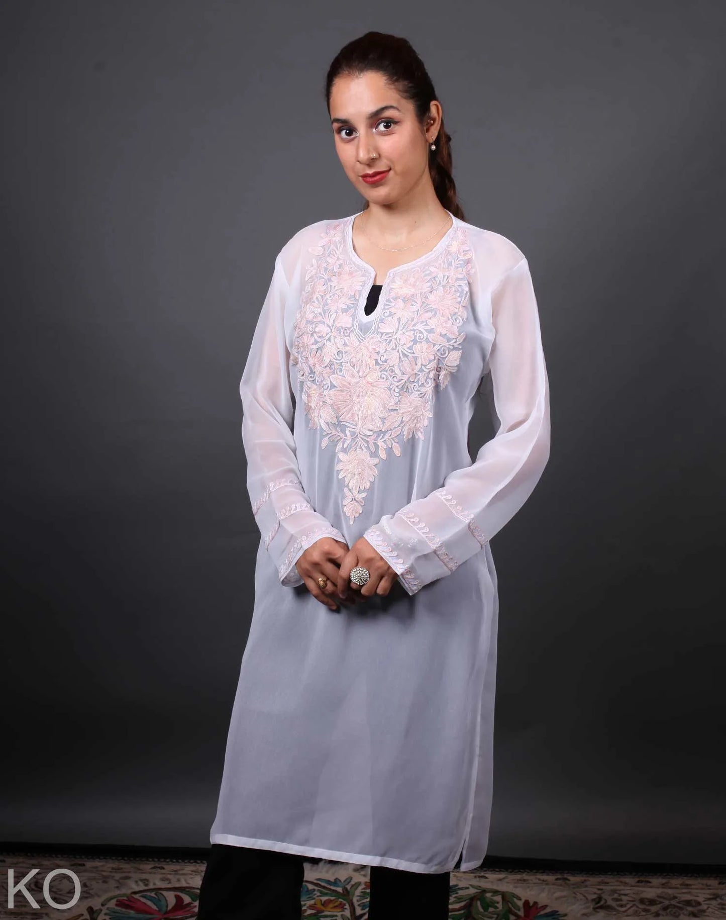 White  Floral Design Aari Embroidered Georgette Kurti