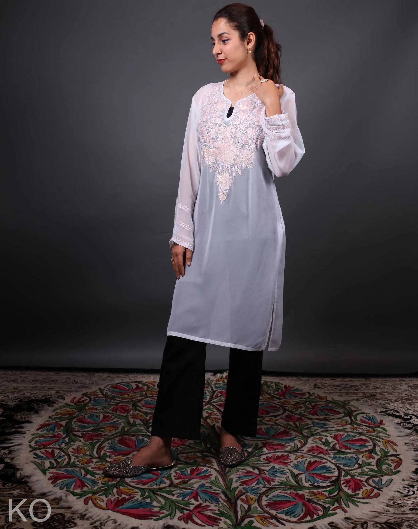 White  Floral Design Aari Embroidered Georgette Kurti