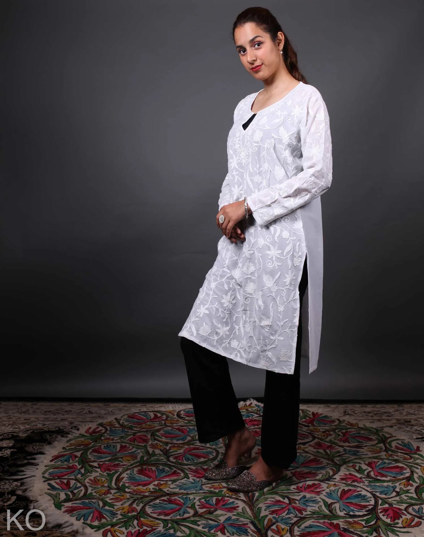 Self  Embroidered Pearl Aari Embroidered Georgette Kurti