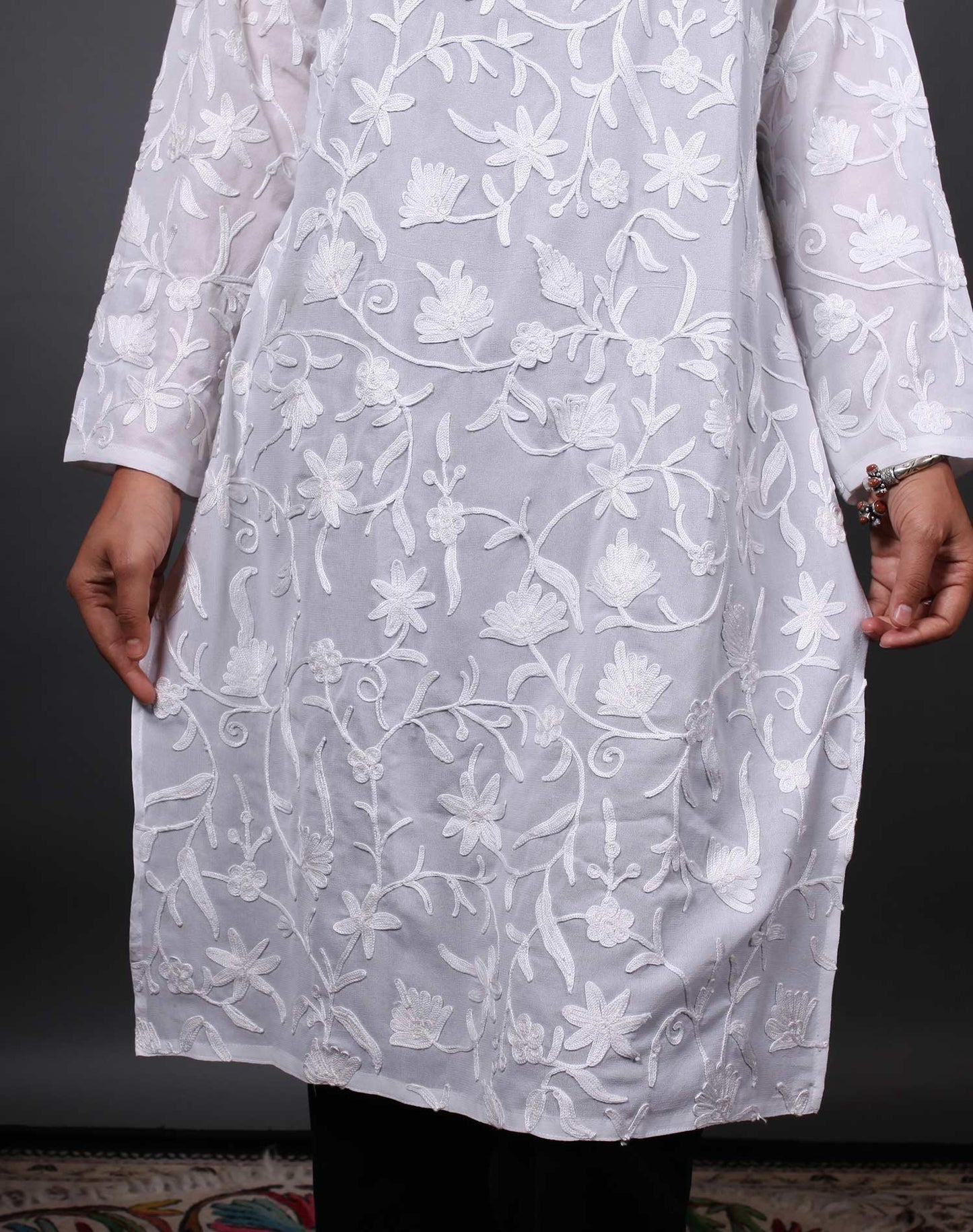 Self  Embroidered Pearl Aari Embroidered Georgette Kurti