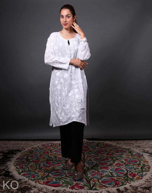 Self  Embroidered Pearl Aari Embroidered Georgette Kurti