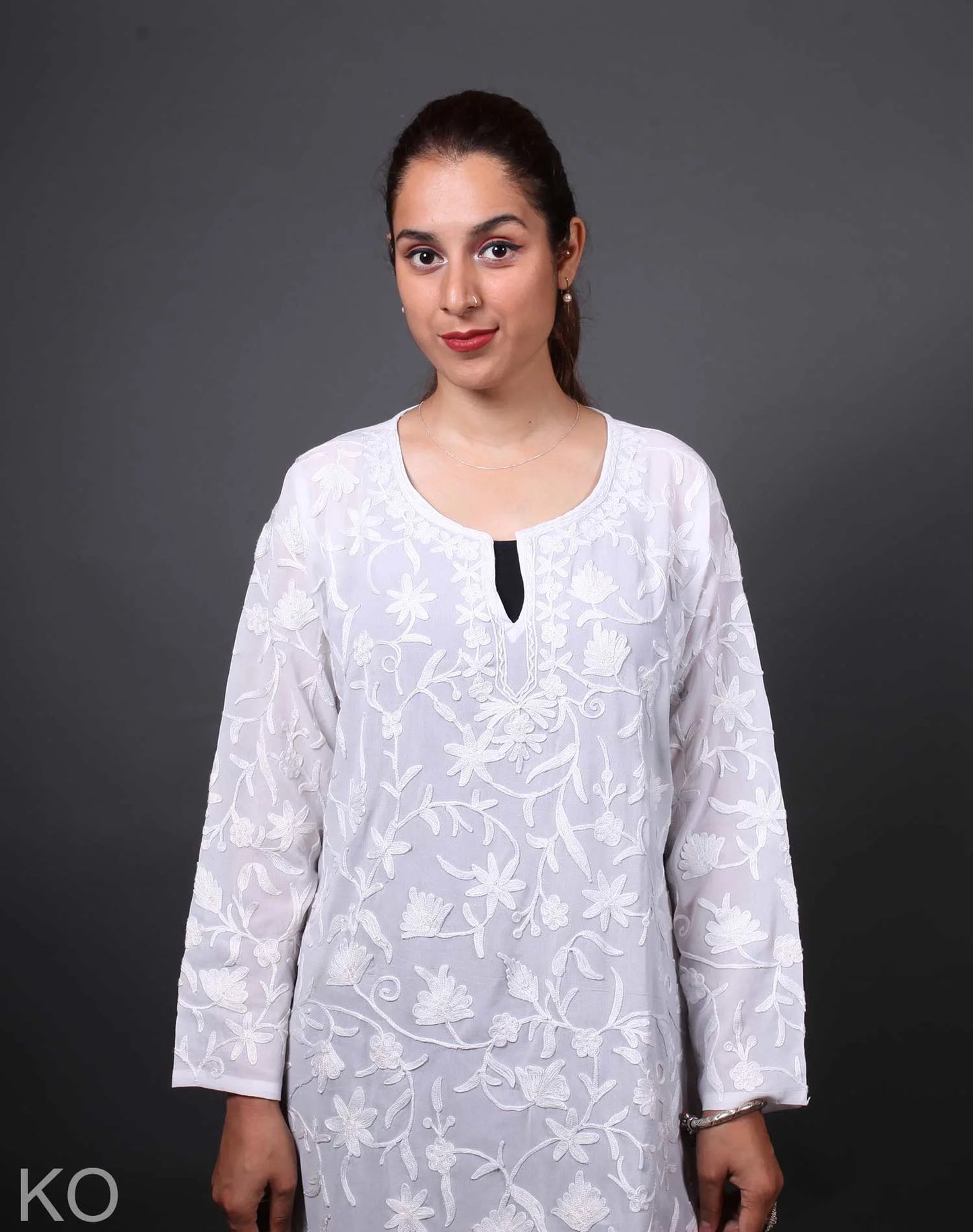 Self  Embroidered Pearl Aari Embroidered Georgette Kurti