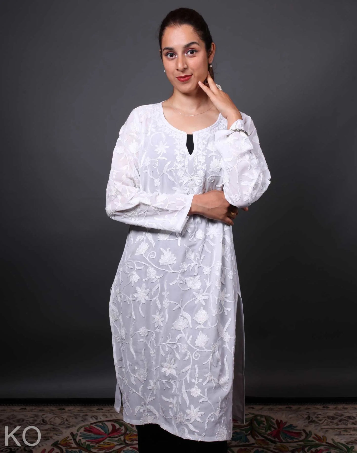 Self  Embroidered Pearl Aari Embroidered Georgette Kurti